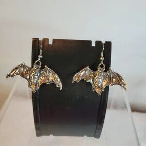 Vintage Flying Bat Pewter Hook Pierced Earrings